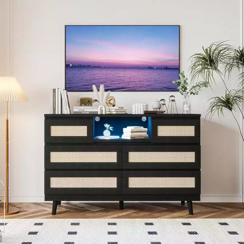 47 Rattan Wooden Dresser with 6 Drawers, Charging Station & LED Lights, Modern Dresser with Open Shelves for Bedroom & Living Room