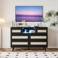 47 Rattan Wooden Dresser with 6 Drawers, Charging Station & LED Lights, Modern Dresser with Open Shelves for Bedroom & Living Room