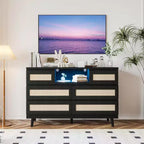 47 Rattan Wooden Dresser with 6 Drawers, Charging Station & LED Lights, Modern Dresser with Open Shelves for Bedroom & Living Room