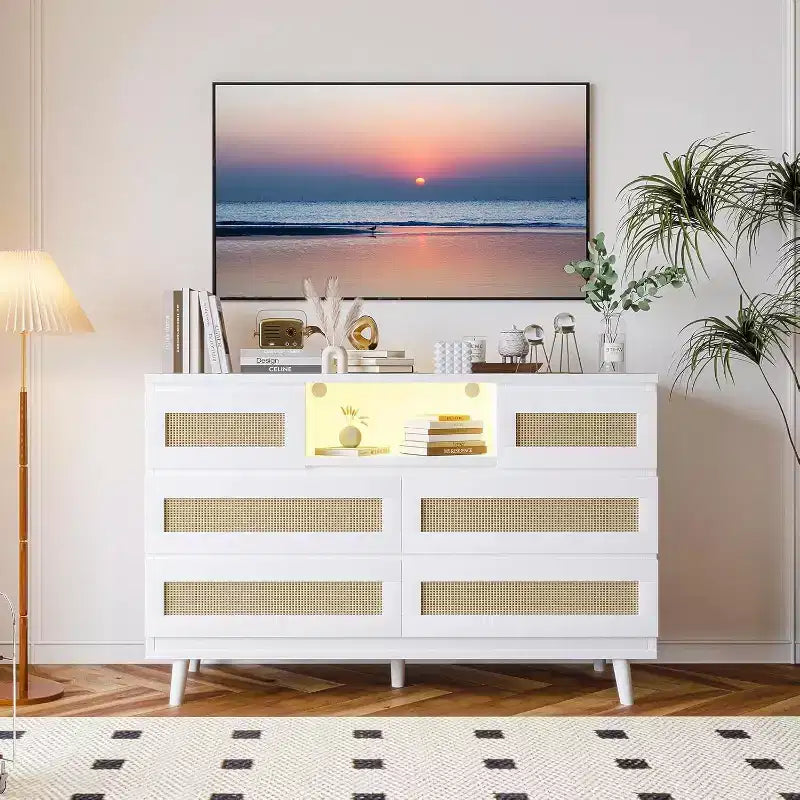47 Rattan Wooden Dresser with 6 Drawers, Charging Station & LED Lights, Modern Dresser with Open Shelves for Bedroom & Living Room
