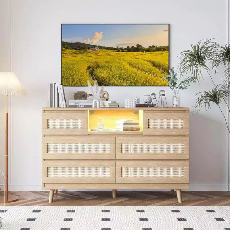 47 Rattan Wooden Dresser with 6 Drawers, Charging Station & LED Lights, Modern Dresser with Open Shelves for Bedroom & Living Room