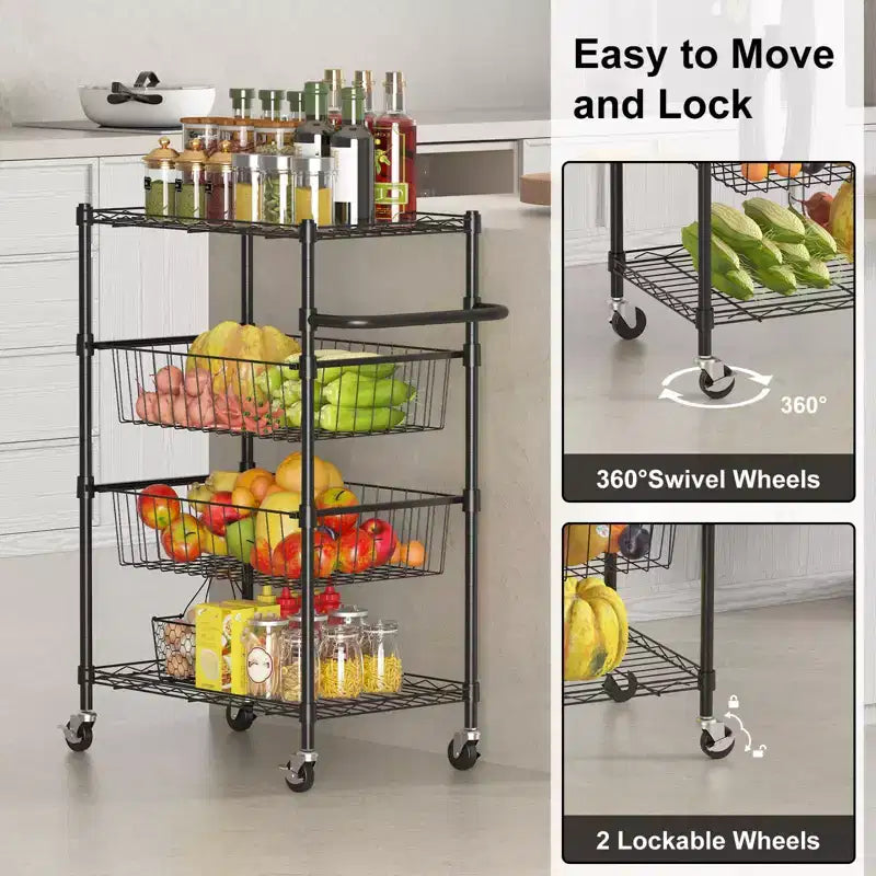 Rolling Carts Utility Cart, 4-Tier Heavy Duty 110LBS Metal Wire Shelving w/Brake Wheels & Handle, Kitchen Serving Trolley for Restaurant Storage