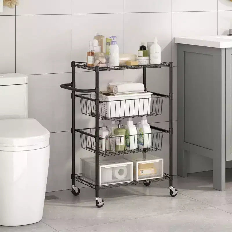Rolling Carts Utility Cart, 4-Tier Heavy Duty 110LBS Metal Wire Shelving w/Brake Wheels & Handle, Kitchen Serving Trolley for Restaurant Storage