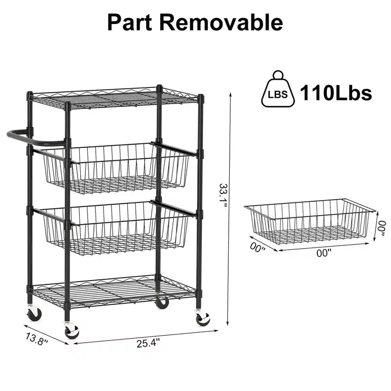 Rolling Carts Utility Cart, 4-Tier Heavy Duty 110LBS Metal Wire Shelving w/Brake Wheels & Handle, Kitchen Serving Trolley for Restaurant Storage