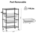 Rolling Carts Utility Cart, 4-Tier Heavy Duty 110LBS Metal Wire Shelving w/Brake Wheels & Handle, Kitchen Serving Trolley for Restaurant Storage