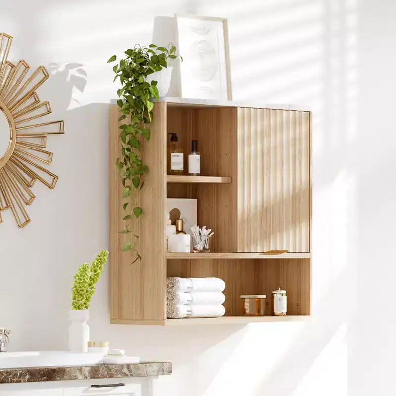 GustoWave Fluted Bathroom Wall Cabinet, Medicine Cabinet with Faux Marble Top, Adjustable Shelf and Open Storage Space, Wall Mounted Storage Organizer