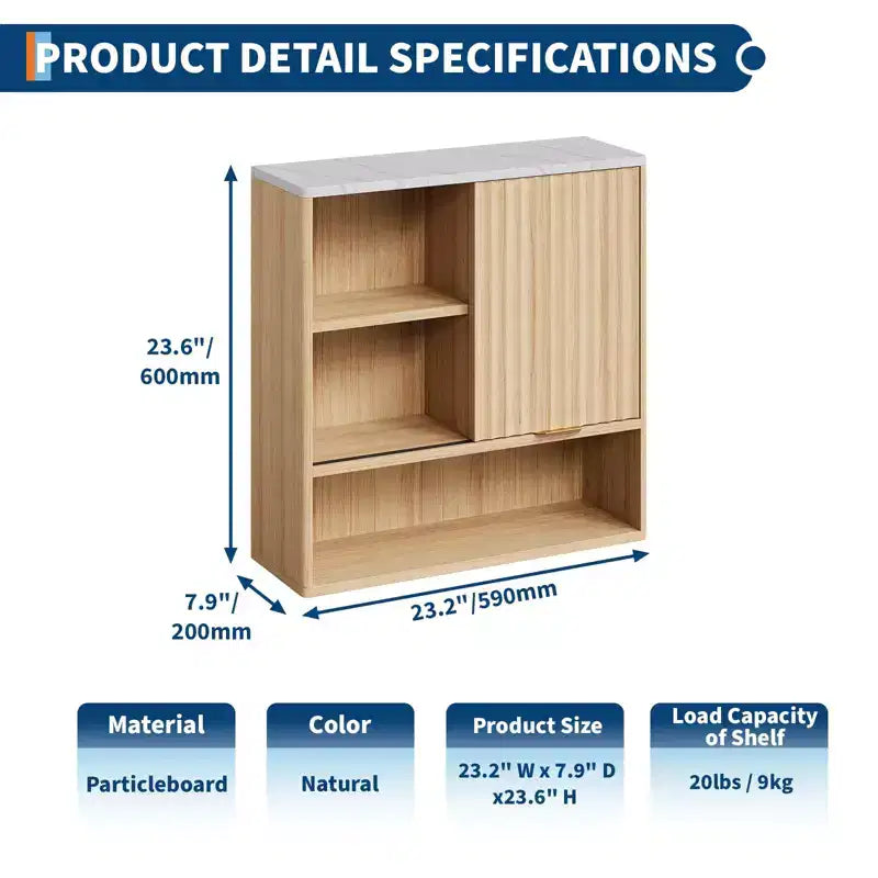 Fluted Bathroom Wall Cabinet, Medicine Cabinet with Faux Marble Top, Adjustable Shelf and Open Storage Space, Wall Mounted Storage Organizer