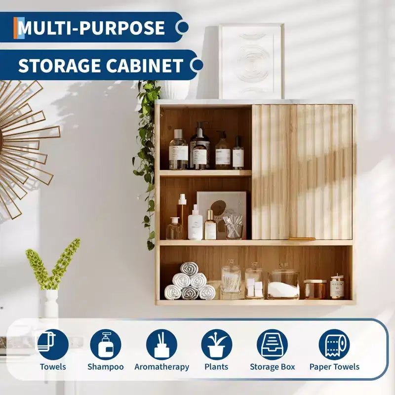 Fluted Bathroom Wall Cabinet, Medicine Cabinet with Faux Marble Top, Adjustable Shelf and Open Storage Space, Wall Mounted Storage Organizer
