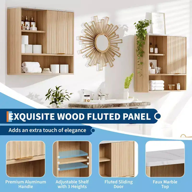 Fluted Bathroom Wall Cabinet, Medicine Cabinet with Faux Marble Top, Adjustable Shelf and Open Storage Space, Wall Mounted Storage Organizer