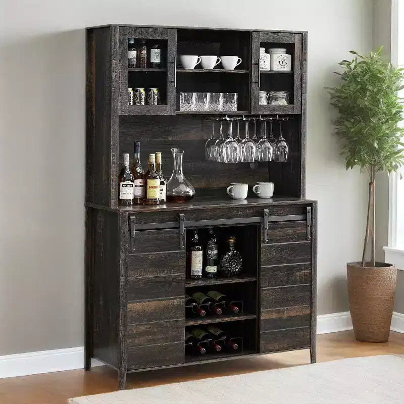Farmhouse Coffee Bar Cabinet with Hutch & Sliding Barn Door, Tall Buffet Sideboard with Juice Rack & Glass Slots, Kitchen Storage