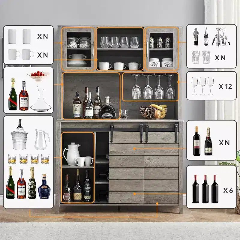 Farmhouse Coffee Bar Cabinet with Hutch & Sliding Barn Door, Tall Buffet Sideboard with Juice Rack & Glass Slots, Kitchen Storage
