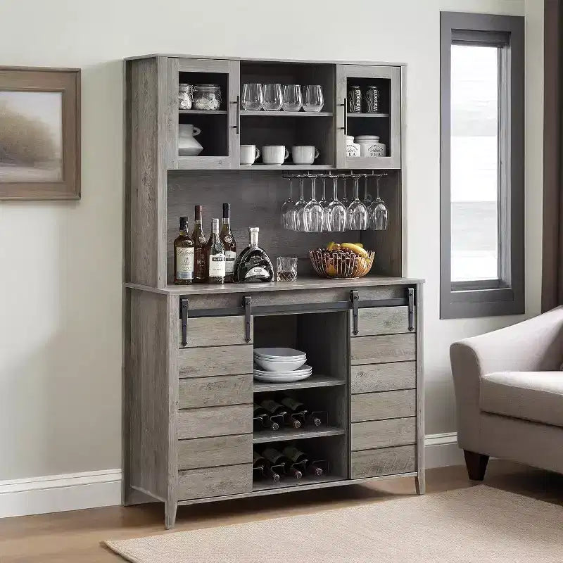 Farmhouse Coffee Bar Cabinet with Hutch & Sliding Barn Door, Tall Buffet Sideboard with Juice Rack & Glass Slots, Kitchen Storage