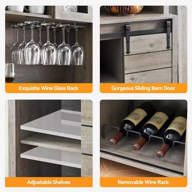Farmhouse Coffee Bar Cabinet with Hutch & Sliding Barn Door, Tall Buffet Sideboard with Juice Rack & Glass Slots, Kitchen Storage