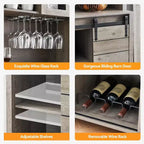 Farmhouse Coffee Bar Cabinet with Hutch & Sliding Barn Door, Tall Buffet Sideboard with Juice Rack & Glass Slots, Kitchen Storage