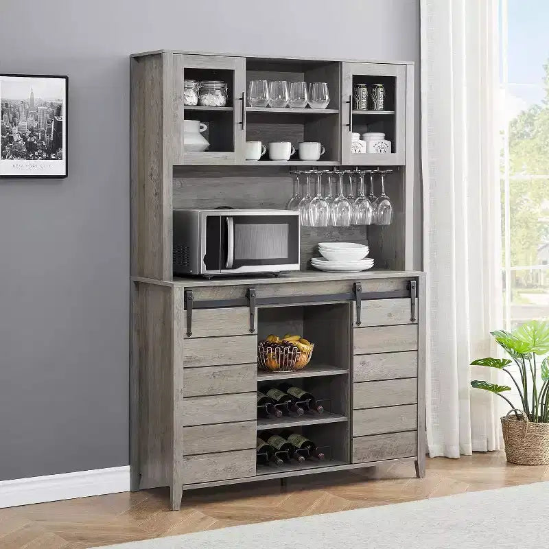Farmhouse Coffee Bar Cabinet with Hutch & Sliding Barn Door, Tall Buffet Sideboard with Juice Rack & Glass Slots, Kitchen Storage
