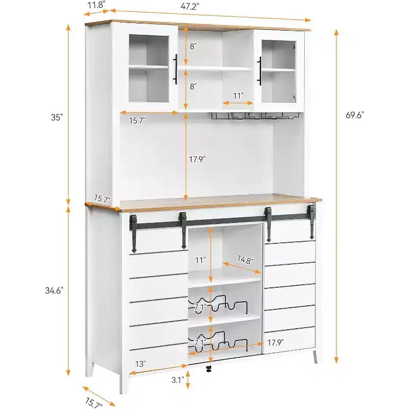 Farmhouse Coffee Bar Cabinet with Hutch & Sliding Barn Door, Tall Buffet Sideboard with Juice Rack & Glass Slots, Kitchen Storage