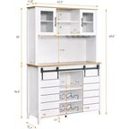 Farmhouse Coffee Bar Cabinet with Hutch & Sliding Barn Door, Tall Buffet Sideboard with Juice Rack & Glass Slots, Kitchen Storage