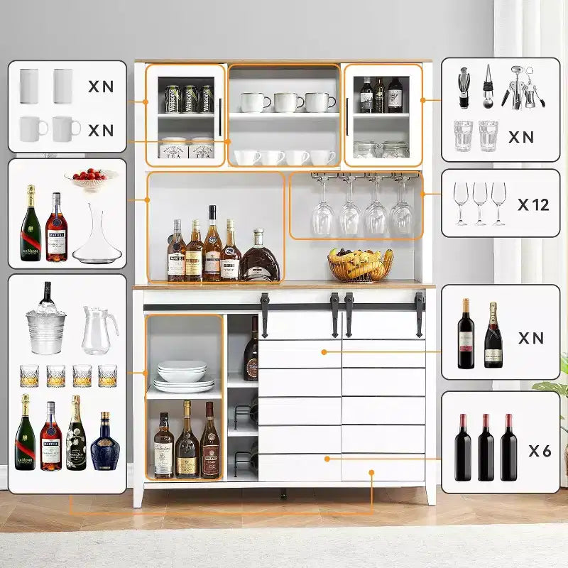 Farmhouse Coffee Bar Cabinet with Hutch & Sliding Barn Door, Tall Buffet Sideboard with Juice Rack & Glass Slots, Kitchen Storage