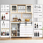 Farmhouse Coffee Bar Cabinet with Hutch & Sliding Barn Door, Tall Buffet Sideboard with Juice Rack & Glass Slots, Kitchen Storage