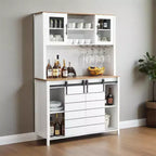 Farmhouse Coffee Bar Cabinet with Hutch & Sliding Barn Door, Tall Buffet Sideboard with Juice Rack & Glass Slots, Kitchen Storage