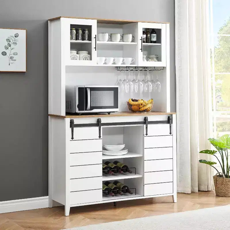 Farmhouse Coffee Bar Cabinet with Hutch & Sliding Barn Door, Tall Buffet Sideboard with Juice Rack & Glass Slots, Kitchen Storage