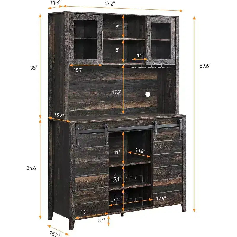 Farmhouse Coffee Bar Cabinet with Hutch & Sliding Barn Door, Tall Buffet Sideboard with Juice Rack & Glass Slots, Kitchen Storage