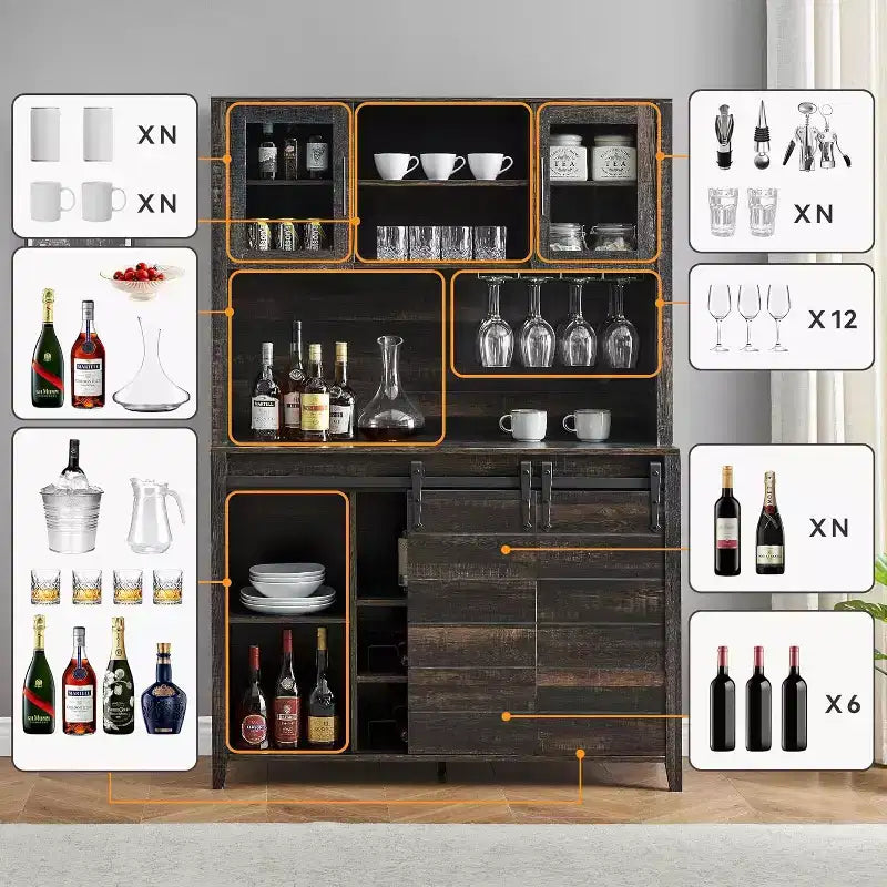 Farmhouse Coffee Bar Cabinet with Hutch & Sliding Barn Door, Tall Buffet Sideboard with Juice Rack & Glass Slots, Kitchen Storage