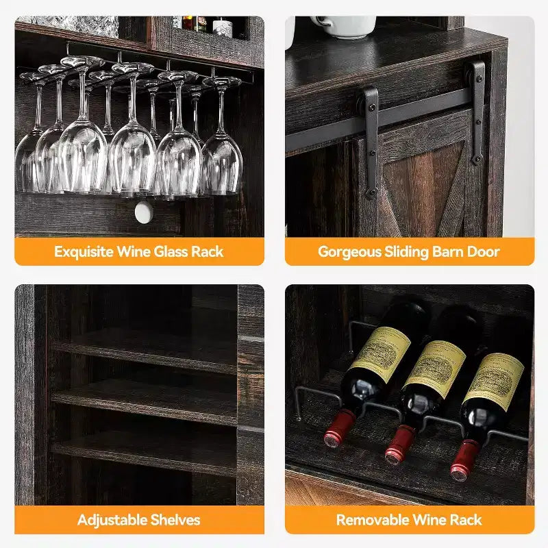 Farmhouse Coffee Bar Cabinet with Hutch & Sliding Barn Door, Tall Buffet Sideboard with Juice Rack & Glass Slots, Kitchen Storage