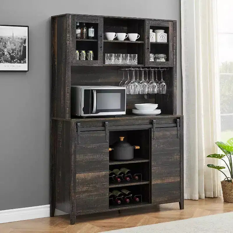 Farmhouse Coffee Bar Cabinet with Hutch & Sliding Barn Door, Tall Buffet Sideboard with Juice Rack & Glass Slots, Kitchen Storage