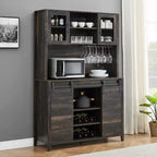 Farmhouse Coffee Bar Cabinet with Hutch & Sliding Barn Door, Tall Buffet Sideboard with Juice Rack & Glass Slots, Kitchen Storage