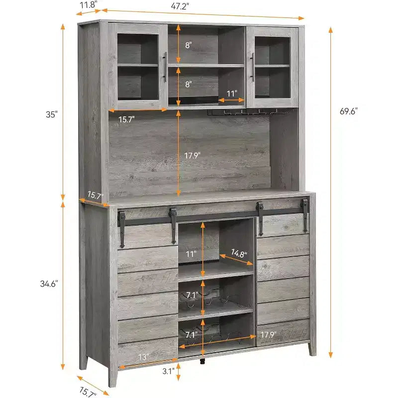 Farmhouse Coffee Bar Cabinet with Hutch & Sliding Barn Door, Tall Buffet Sideboard with Juice Rack & Glass Slots, Kitchen Storage