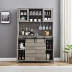 Farmhouse Coffee Bar Cabinet with Hutch & Sliding Barn Door, Tall Buffet Sideboard with Juice Rack & Glass Slots, Kitchen Storage
