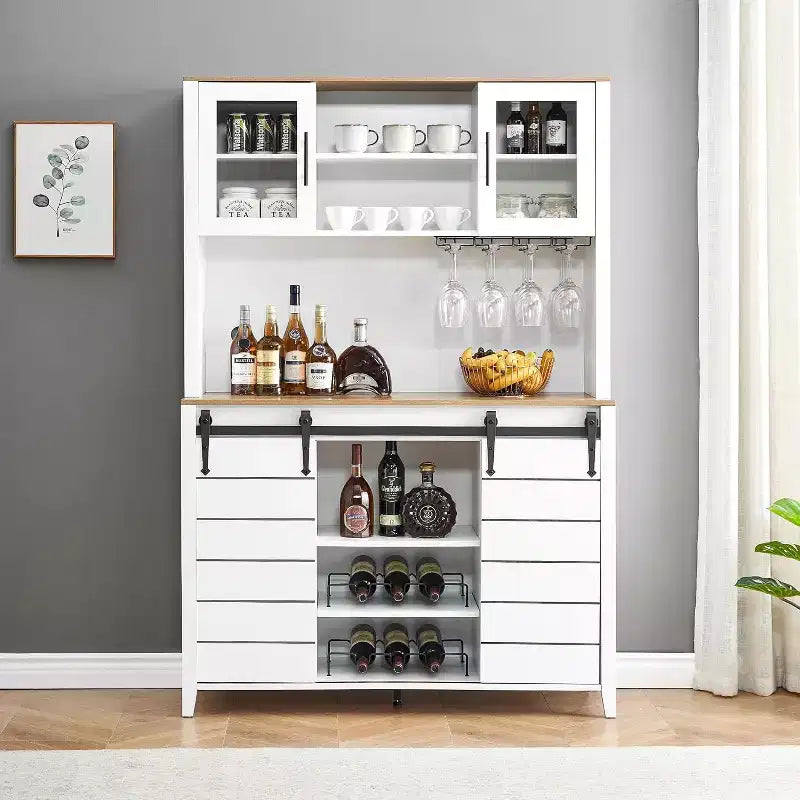 Farmhouse Coffee Bar Cabinet with Hutch & Sliding Barn Door, Tall Buffet Sideboard with Juice Rack & Glass Slots, Kitchen Storage