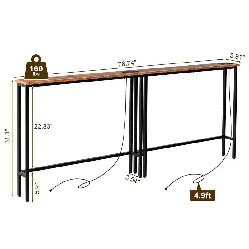Rust Brown 2pcs Triamine Iron 200*15*79cm Entryway Table with Plugs