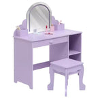 Kids Vanity with Lighted Mirror & Stool, Little Girls Vanity with Adjustable LED Light, Storage Drawer & Shelves for Girls 3-9