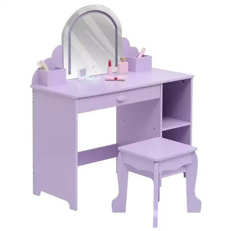 Kids Vanity with Lighted Mirror & Stool, Little Girls Vanity with Adjustable LED Light, Storage Drawer & Shelves for Girls 3-9