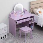 Kids Vanity with Lighted Mirror & Stool, Little Girls Vanity with Adjustable LED Light, Storage Drawer & Shelves for Girls 3-9