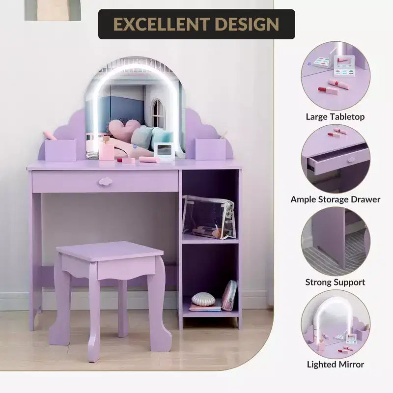 Kids Vanity with Lighted Mirror & Stool, Little Girls Vanity with Adjustable LED Light, Storage Drawer & Shelves for Girls 3-9