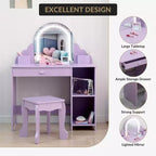 Kids Vanity with Lighted Mirror & Stool, Little Girls Vanity with Adjustable LED Light, Storage Drawer & Shelves for Girls 3-9