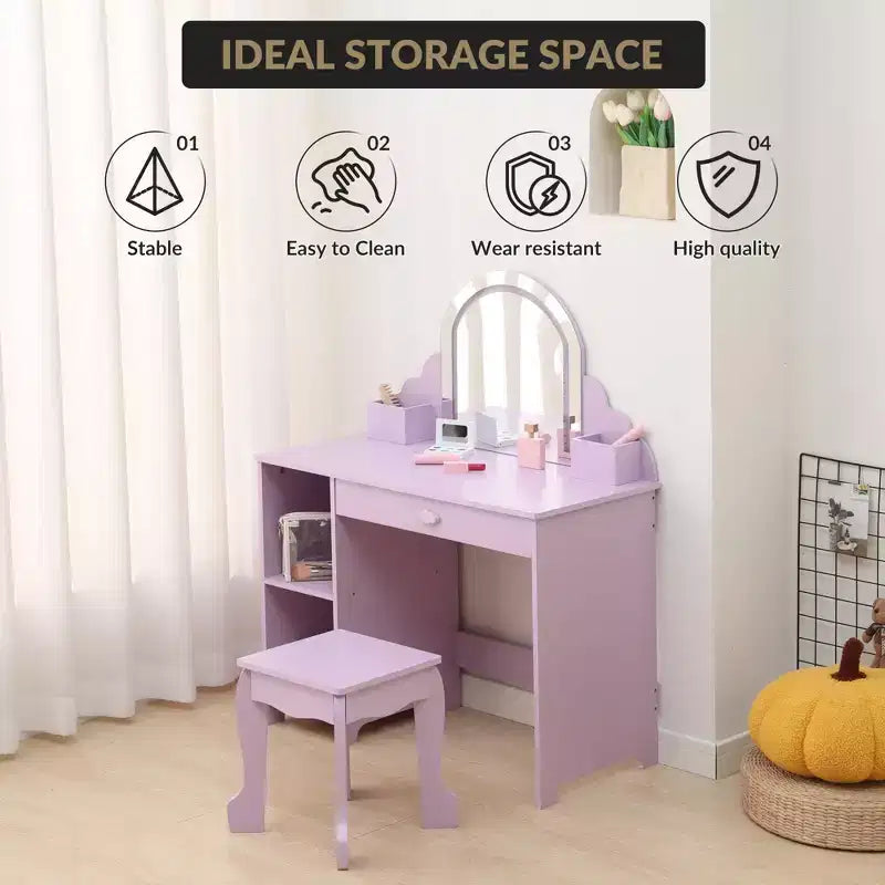 Kids Vanity with Lighted Mirror & Stool, Little Girls Vanity with Adjustable LED Light, Storage Drawer & Shelves for Girls 3-9