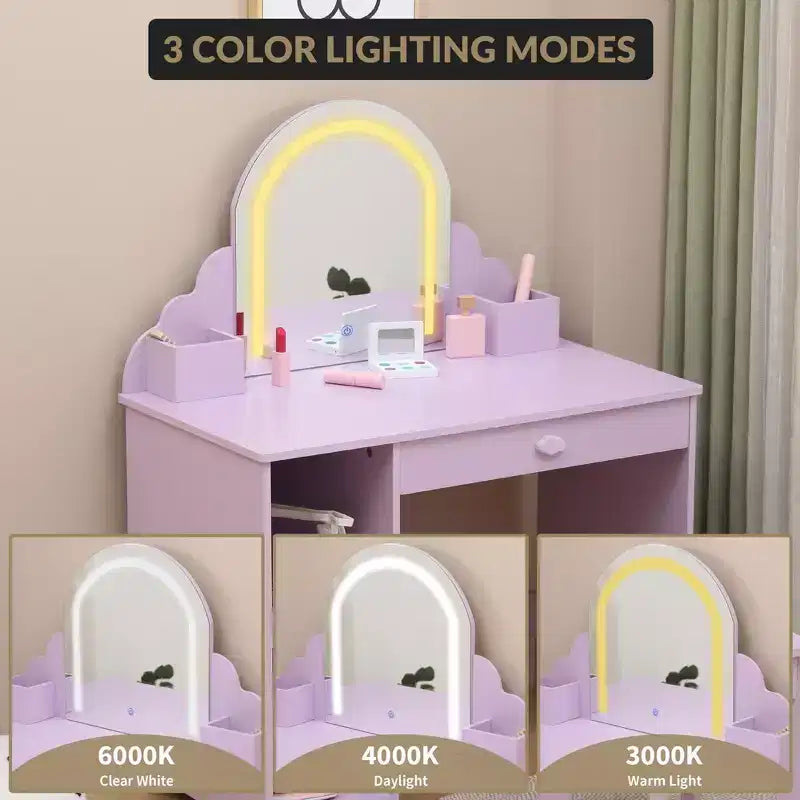 Kids Vanity with Lighted Mirror & Stool, Little Girls Vanity with Adjustable LED Light, Storage Drawer & Shelves for Girls 3-9