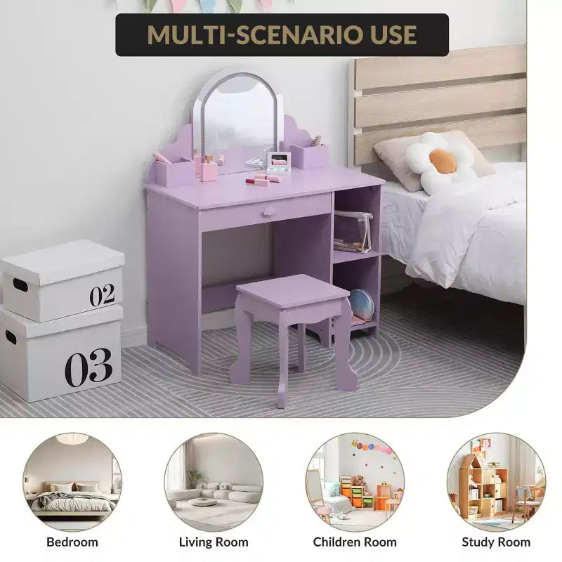 Kids Vanity with Lighted Mirror & Stool, Little Girls Vanity with Adjustable LED Light, Storage Drawer & Shelves for Girls 3-9