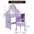 Kids Vanity with Lighted Mirror & Stool, Little Girls Vanity with Adjustable LED Light, Storage Drawer & Shelves for Girls 3-9