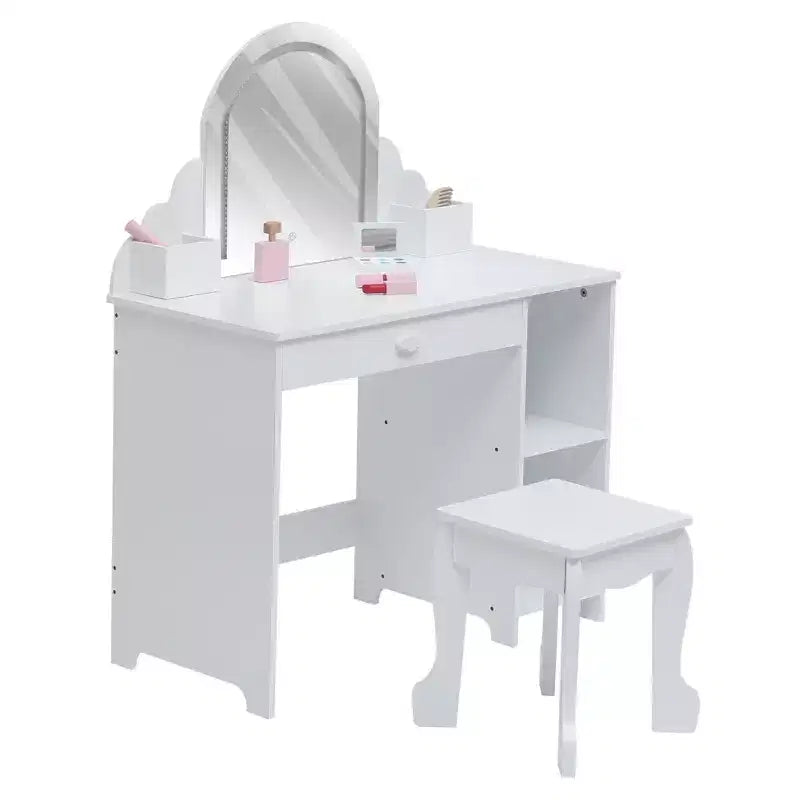Kids Vanity with Lighted Mirror & Stool, Little Girls Vanity with Adjustable LED Light, Storage Drawer & Shelves for Girls 3-9