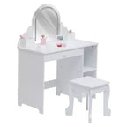 Kids Vanity with Lighted Mirror & Stool, Little Girls Vanity with Adjustable LED Light, Storage Drawer & Shelves for Girls 3-9