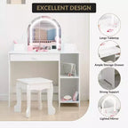Kids Vanity with Lighted Mirror & Stool, Little Girls Vanity with Adjustable LED Light, Storage Drawer & Shelves for Girls 3-9