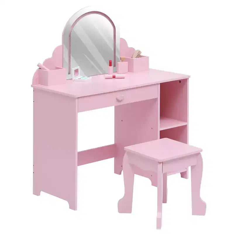 Kids Vanity with Lighted Mirror & Stool, Little Girls Vanity with Adjustable LED Light, Storage Drawer & Shelves for Girls 3-9