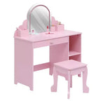 Kids Vanity with Lighted Mirror & Stool, Little Girls Vanity with Adjustable LED Light, Storage Drawer & Shelves for Girls 3-9