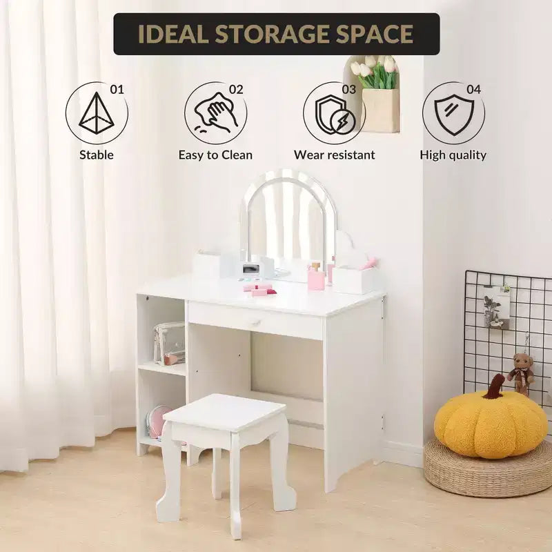Kids Vanity with Lighted Mirror & Stool, Little Girls Vanity with Adjustable LED Light, Storage Drawer & Shelves for Girls 3-9