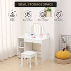 Kids Vanity with Lighted Mirror & Stool, Little Girls Vanity with Adjustable LED Light, Storage Drawer & Shelves for Girls 3-9
